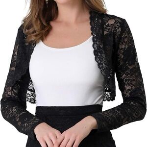 Allegra K Black Lace Long Sleeve Cropped Shrug - Size: L